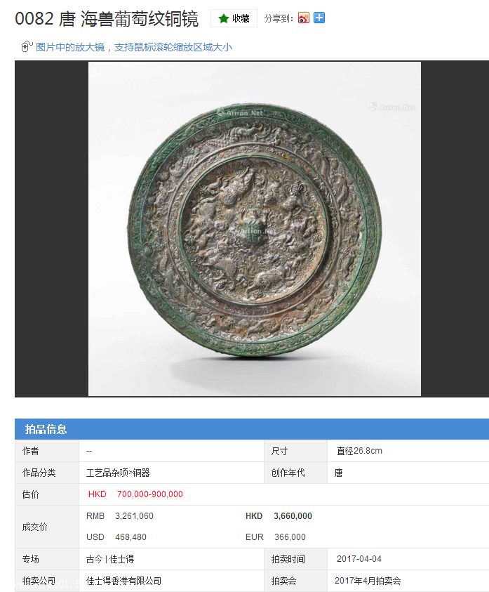 东王公西王母画像铜镜拍卖成交价格表